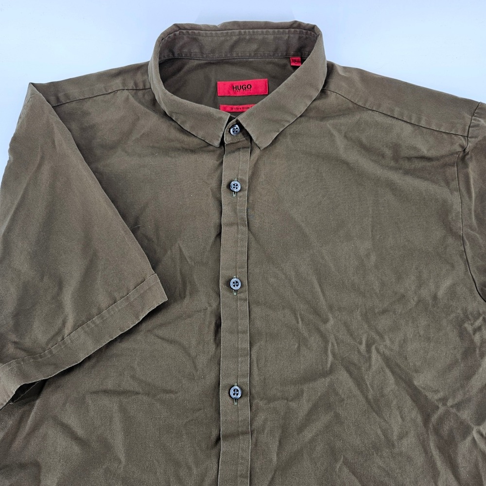Hugo Boss Hugo Mens Extra Slim Fit Short Sleeve‎ Button Down Shirt Olive Brown L